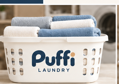 Puffi Laundry branded basket with folded towels