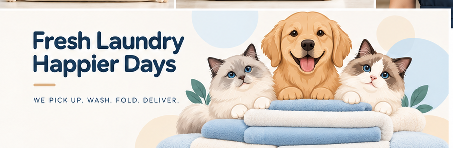 Puffi Laundry mascots: one golden retriever with two ragdoll cats on folded towels